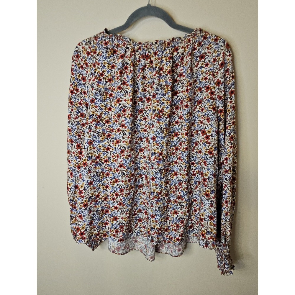 Max Studio Blouse Women M Floral Boho Puff Smocked Sleeve Tassels Flowy Prairie - Picture 12 of 16